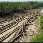 **Deforestation in the Sundarbans:** Visual representation of a deforested area in the Sundarbans, showing trees being cut down to create land. Emphasize the negative impact on the environment.