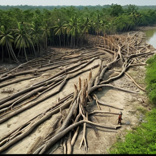 Home 14 **Deforestation in the Sundarbans:** Visual representation of a deforested area in the Sundarbans, showing trees being cut down to create land. Emphasize the negative impact on the environment.
