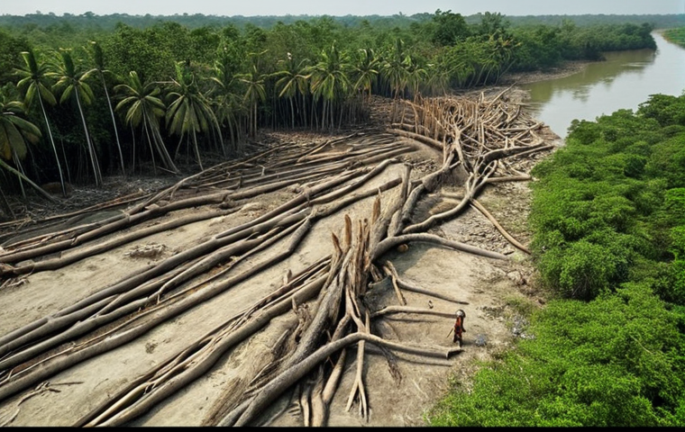 **Deforestation in the Sundarbans:** Visual representation of a deforested area in the Sundarbans, showing trees being cut down to create land. Emphasize the negative impact on the environment.