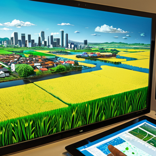 Home 13 A vibrant, high-tech scene illustrating the revolutionary impact of remote sensing on daily life. In the foreground, a farmer uses a tablet displaying a healthy crop map, alongside rescue workers viewing flood data, and urban planners analyzing a smart city layout. In the background, a satellite orbits Earth, emitting glowing data streams that connect to these various applications. Lush green fields, flooded areas with rescue operations, and a bustling, optimized city skyline are integrated into the composition. Emphasize progress, human benefit, and interconnected data. Digital painting, highly detailed, optimistic atmosphere.
