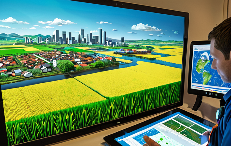 A vibrant, high-tech scene illustrating the revolutionary impact of remote sensing on daily life. In the foreground, a farmer uses a tablet displaying a healthy crop map, alongside rescue workers viewing flood data, and urban planners analyzing a smart city layout. In the background, a satellite orbits Earth, emitting glowing data streams that connect to these various applications. Lush green fields, flooded areas with rescue operations, and a bustling, optimized city skyline are integrated into the composition. Emphasize progress, human benefit, and interconnected data. Digital painting, highly detailed, optimistic atmosphere.
