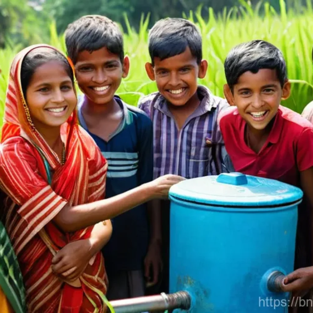 지구과학과 수질 오염 - A Community's Hope: Clean Water in Rural Bangladesh**
A vibrant, realistic photograph capturing a j...