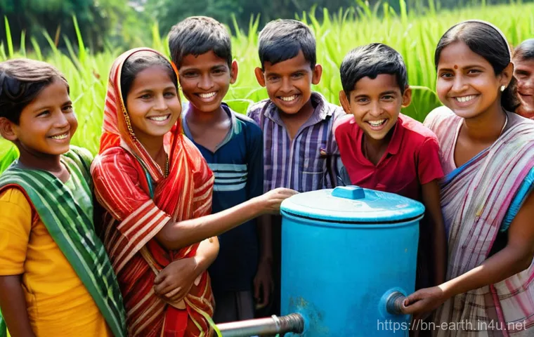 지구과학과 수질 오염 - A Community's Hope: Clean Water in Rural Bangladesh**

A vibrant, realistic photograph capturing a j...