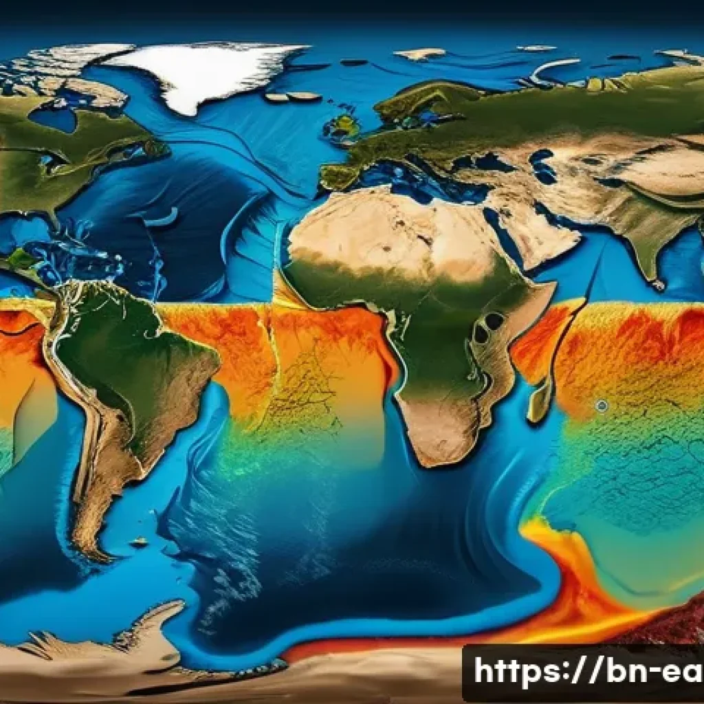 지구과학과 해양 순환 - A detailed scientific illustration of Earth's tectonic plates interacting beneath the ocean floor, s...