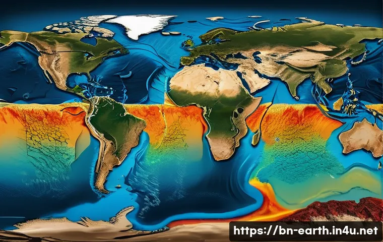 지구과학과 해양 순환 - A detailed scientific illustration of Earth's tectonic plates interacting beneath the ocean floor, s...