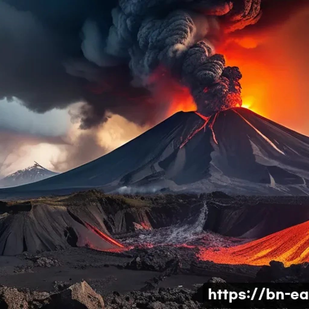 지구과학과 화산 분출 메커니즘 - A dramatic Plinian volcanic eruption scene with towering ash clouds and dense smoke billowing high i...
