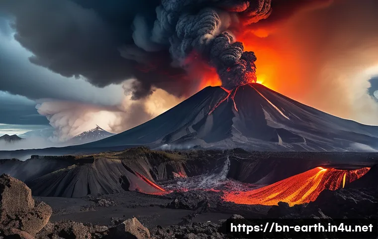 지구과학과 화산 분출 메커니즘 - A dramatic Plinian volcanic eruption scene with towering ash clouds and dense smoke billowing high i...
