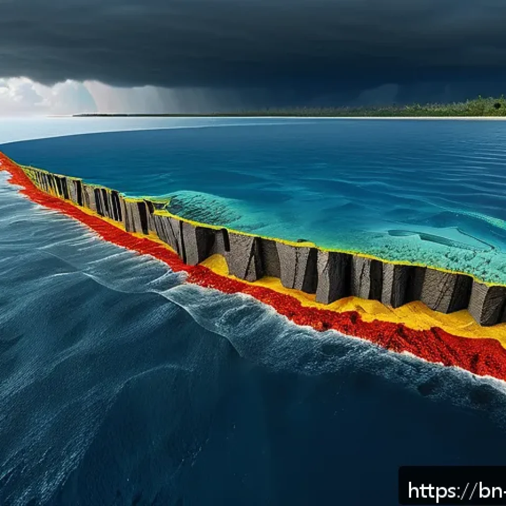 지구과학과 쓰나미 연구 - A detailed and realistic underwater cross-section of tectonic plates at a convergent boundary beneat...
