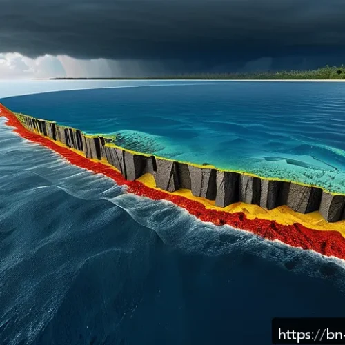 지구과학과 쓰나미 연구 - A detailed and realistic underwater cross-section of tectonic plates at a convergent boundary beneat...
