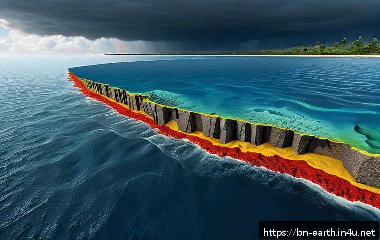 지구과학과 쓰나미 연구 - A detailed and realistic underwater cross-section of tectonic plates at a convergent boundary beneat...