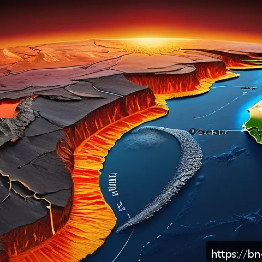 지구과학과 판 구조론 - A detailed cross-sectional illustration of Earth’s interior showing molten magma pushing tectonic pl...