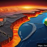 지구과학과 판 구조론 - A detailed cross-sectional illustration of Earth&rsquo;s interior showing molten magma pushing tectonic pl...