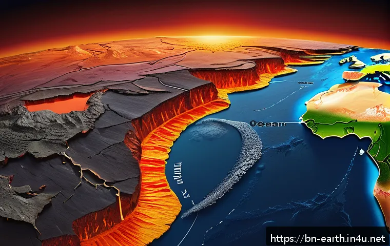 지구과학과 판 구조론 - A detailed cross-sectional illustration of Earth&rsquo;s interior showing molten magma pushing tectonic pl...