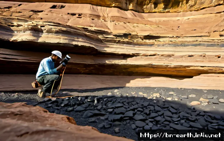 지구과학과 지층 분석 - Photorealistic geologist in practical field clothing examining a dramatic exposed sedimentary rock c...